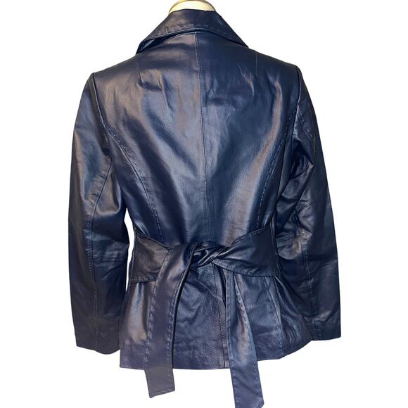 Colleen Lopez 100% Genuine Leather Jacket Coat Polyester Lined Tie Waist Size S - Picture 2 of 7